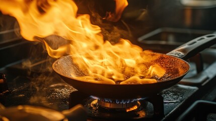 Sticker - A frying pan with flames and smoke, indicating cooking or a kitchen mishap.