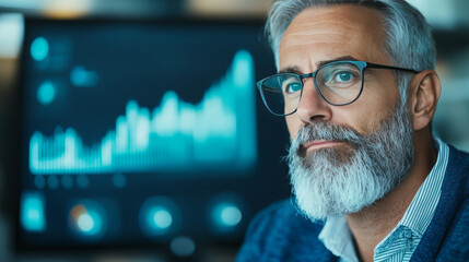 Poster - A serious man with a white beard in glasses looks off to the side, in front of a computer screen with a financial chart.