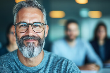 Canvas Print - Smiling man with gray hair and beard, wearing glasses, in a meeting.