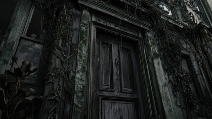 Sticker - A weathered door covered in vines, hinting at abandonment and nature reclaiming space.