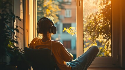 Sticker - A person relaxing by a window, enjoying music in a cozy atmosphere.