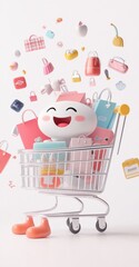 Poster - A cheerful character in a shopping cart surrounded by various colorful shopping items.