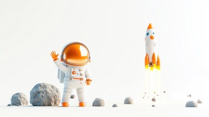 Canvas Print - An astronaut waves as a rocket launches amidst rocky terrain.