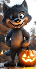 Canvas Print - A cheerful cartoon wolf stands next to a glowing jack-o'-lantern in a festive autumn setting.