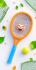 Canvas Print - A playful tennis racket with a smiling emoji and tennis balls, set against a vibrant backdrop.