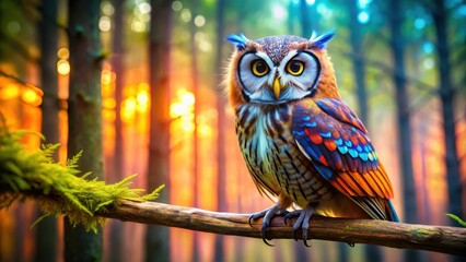 Happy owl with a vibrant and colorful feathers perched on a branch in a forest, happy, owl, colorful, vibrant, feathers, perched