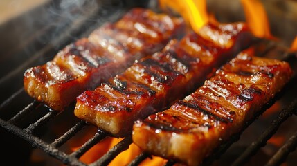 Sticker - Grilled meat sizzling on a barbecue, showcasing a delicious cooking process.