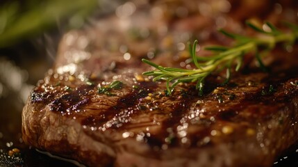 A close-up of a perfectly grilled steak garnished with herbs, showcasing its juicy texture.