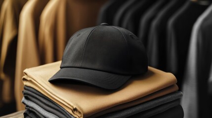 Poster - A black cap rests on neatly stacked fabric in a clothing store.