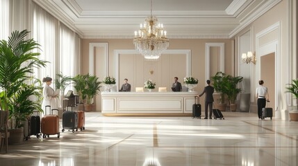 Wall Mural - Elegant hotel lobby with staff and guests, showcasing a welcoming atmosphere.