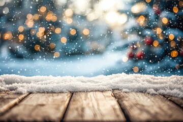 Wooden table with blurred christmas tree background and bokeh light. Winter wallpaper. Travel banner