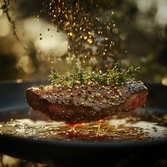 Wall Mural - A succulent steak garnished with herbs, sizzling in a pan with a warm, inviting glow.