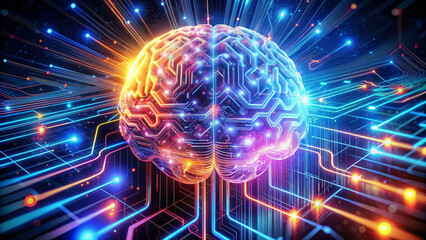 Abstract digital brain with glowing circuits and wires surrounded by futuristic neon lights, representing innovative thinking and modern technological mindset concepts.