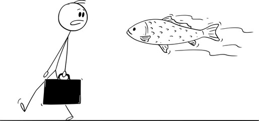 Wall Mural - Shocked Person Watching Fish Swimming Around , Vector Cartoon Stick Figure Illustration