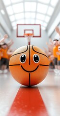 Poster - A cheerful basketball with a smiling face in a gym filled with excited fans.