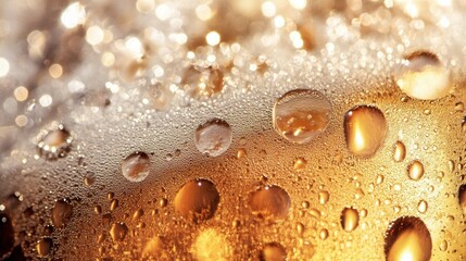 Wall Mural - Close-up of a frothy beverage with condensation and bubbles.