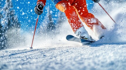 Canvas Print - A skier in bright orange gear carving through fresh snow on a sunny day.