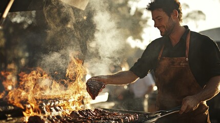 Sticker - A man grilling meat over an open flame at an outdoor barbecue event.