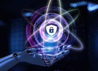 Wall Mural - Cyber security information privacy data protection. Robotic hand pressing button 3d render.