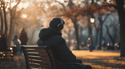 Poster - A person sitting on a bench in a park, listening to music with headphones during sunset.