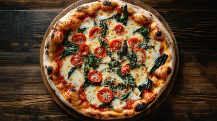 Wall Mural - A delicious pizza topped with fresh tomatoes and spinach on a wooden board.