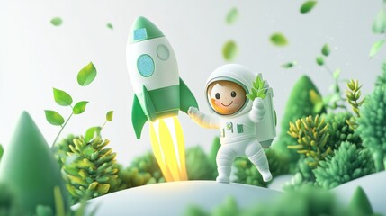 Wall Mural - A cheerful astronaut plants greenery next to a rocket in a vibrant, whimsical landscape.