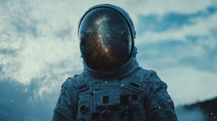 Wall Mural - the double exposure image of the astronaut's suit overlay with the milky way galaxy image, with copy