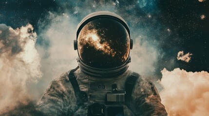 Wall Mural - the double exposure image of the astronaut's suit overlay with the milky way galaxy image, with copy