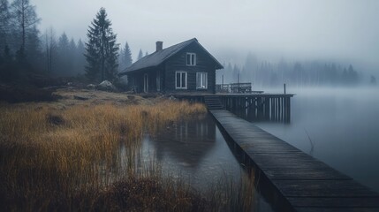 Sticker - A serene lakeside cabin shrouded in mist, surrounded by tranquil waters and tall grasses.