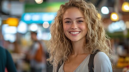 curly blonde-haired woman smiling joyfully at the camera in a busy indoor environment, capturing her vibrant energy and candid beauty in a social setting