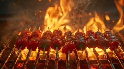 Sticker - Grilled skewers of meat and vegetables over an open flame, showcasing a vibrant cooking scene.