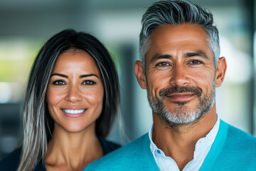 Wall Mural - A couple smiles for the camera in a close-up portrait.