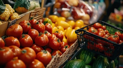 Sticker - A vibrant display of fresh vegetables and fruits at a market stall.