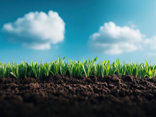 Closeup of fertilizerenriched soil supporting vibrant green grass in a large field, fertilizer, soil fertility improvement