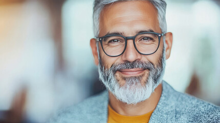 Wall Mural - Smiling mature man with gray beard and glasses.