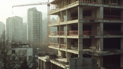 Poster - A construction site amidst urban high-rises, showcasing ongoing development and industry.