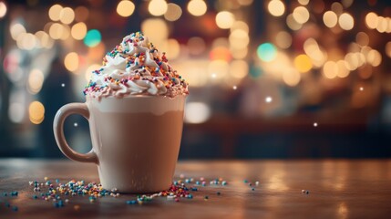 Wall Mural - A festive cup of whipped cream topped with colorful sprinkles, set against a blurred background.