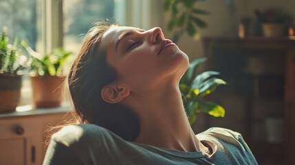 Poster - A serene young woman relaxes in a sunlit room surrounded by plants.