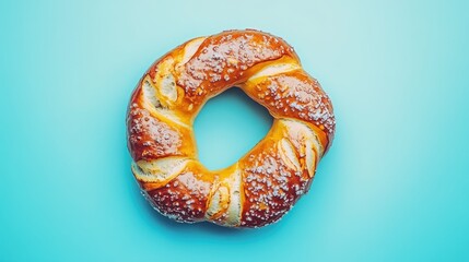 Poster - A delicious pretzel on a vibrant blue background, showcasing its texture and shape.