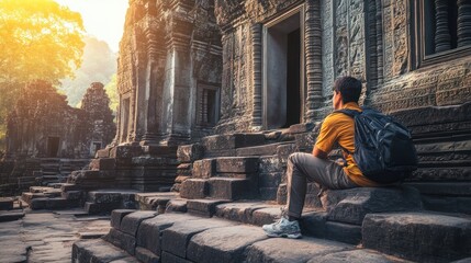 Wall Mural - A traveler sits on ancient stone steps, admiring the serene beauty of historic ruins at sunset.