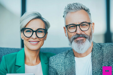 Sticker - Smiling mature couple wearing glasses.