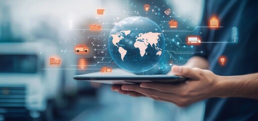 Aufkleber - in a blurred image of a man holding a tablet connected to the internet and a grid graph, a symbol of