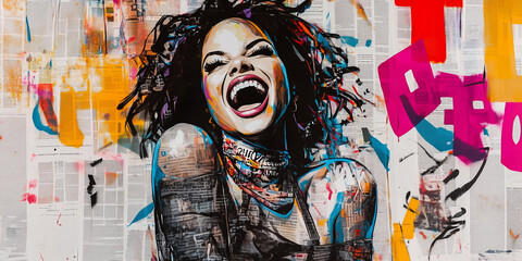 Expressive African-American woman laughing, free confident, optimistic positive spirit, urban street art graffiti