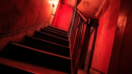 Poster - A dimly lit staircase with a red hue, creating a mysterious and eerie atmosphere.