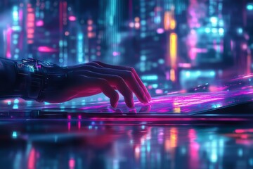 Poster - The hand presses a button against a background of blurred blue and orange lights, beautiful bokeh effect. Future technologies.