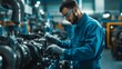 © Adi - Young Engineer Working on Engine Assembly Line. Young engineer in a blue uniform working diligently on the engine assembly line, emphasizing skill and precision in manufacturing