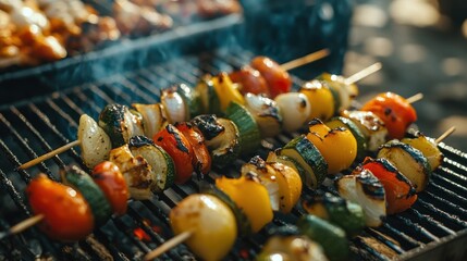 Colorful vegetable skewers grilling over an open flame, showcasing a summer barbecue scene.