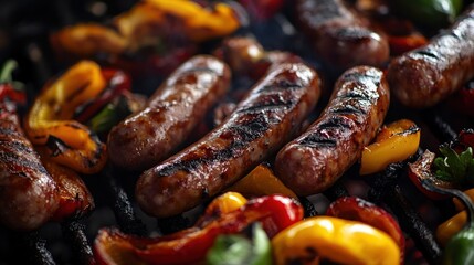 Wall Mural - Grilled sausages and colorful peppers on a barbecue, showcasing a delicious summer meal.