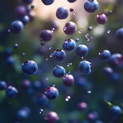 Canvas Print - A visually striking image of floating blueberries surrounded by bubbles in a natural setting.