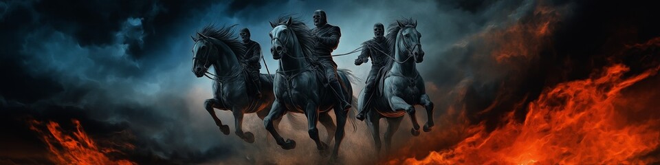 Three horses are running through a fiery sky. The horses are black and the sky is orange. The image has a dark and ominous mood